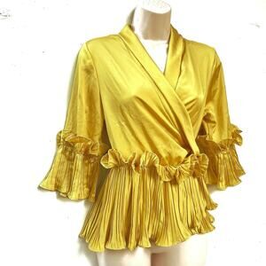 Marigold Yellow Satin Wrap Blouse | Ruffle Pleated Hem Romantic Statement Top